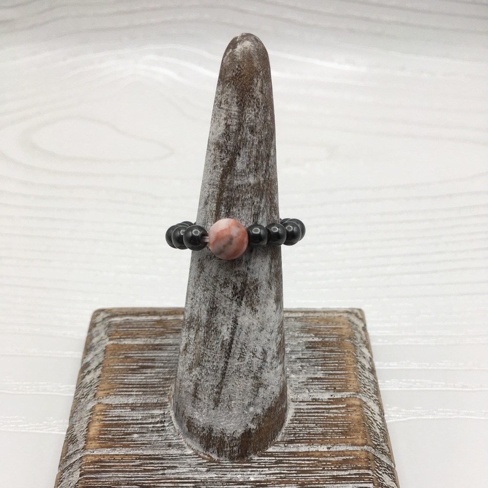 HANDCRAFTED Stretch Hematite & Pink Zebra Jasper Bead Ring